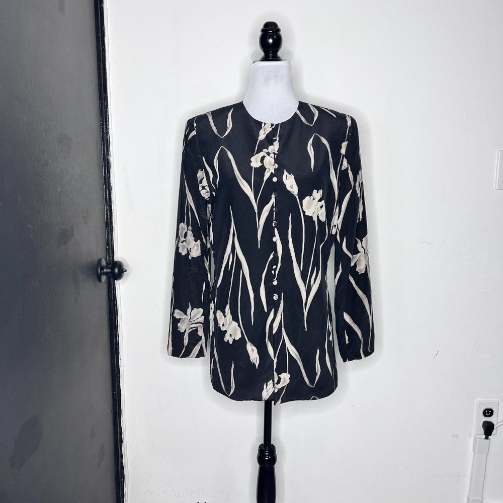 Rafaella Floral Print Black 100% Silk Blazer Size 6 - Picture 2 of 8